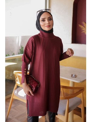 İmaj Butik Bordo Soğuk Iplik Kol Düğmeli Triko Tunik