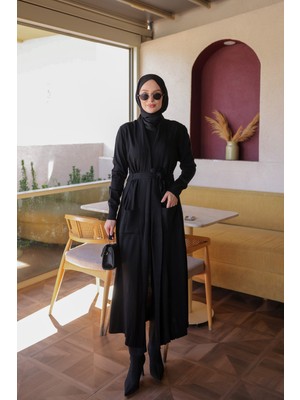 İmaj Butik Siyah Cepli Uzun Merserize Triko Hırka
