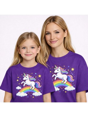 Vodexa Anne Kız Çocuk Kombin Oversize Tişört – Anne Çocuk Twin T-Shirt Unicorn Baskılı