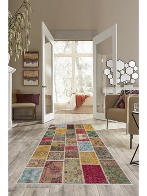 Kazan Hobi Renkli Patchwork Kırkyama Desen Yıkanabilir Kaymaz Taban Leke Tutmaz Modern Salon Halısı ve Yolluk, Pembe-Hardal 100 x 150,1358246100150728