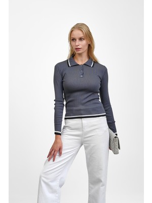 İmaj Butik Füme Fitilli Polo Yaka Çizgili Triko Body Kazak