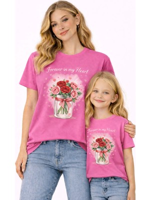 Vodexa Anne Kız Çocuk Kombin Oversize Tişört – Anne & Çocuk Twin T-Shirt Çiçekli Kız Baskılı