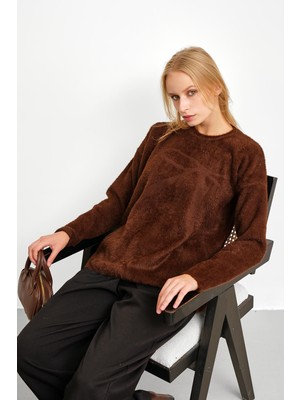 İmaj Butik Kahverengi Bisiklet Yaka Desenli Angora Yumoş Triko Kazak