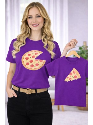 Vodexa Anne Ünisex Çocuk Kombin Oversize Tişört Twin T-Shirt Anne Cocuk Pizza Dilimi Baskılı