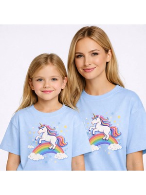 Vodexa Anne Kız Çocuk Kombin Oversize Tişört – Anne Çocuk Twin T-Shirt Unicorn Baskılı