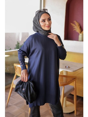 İmaj Butik Lacivert Kol Düğmeli Soğuk Iplik Triko Tunik