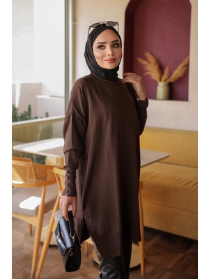 İmaj Butik Kahverengi Kol Düğmeli Soğuk Iplik Triko Tunik