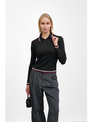 İmaj Butik Siyah Fitilli Polo Yaka Çizgili Triko Body Kazak