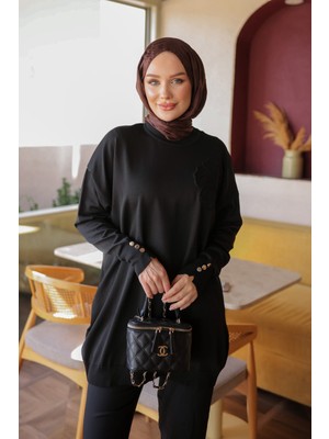 İmaj Butik Siyah Çiçek Naıkşlı Soğuk Iplik Triko Tunik