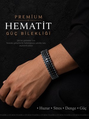 PS PAMİRA STORM Premium Tasarım Erkek Bilekliği Hematit Doğal Taş Erkek Bilekliği Özel Ölçü Çelik Materyal Güç,denge,huzur,stres