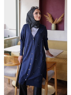 İmaj Butik Lacivert Taşlı Soğuk Iplik Triko Hırka