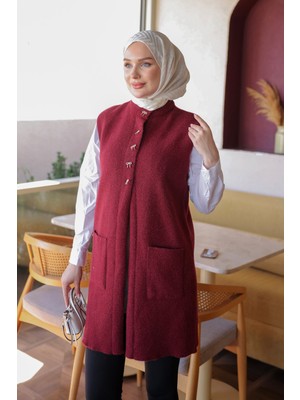 İmaj Butik Bordo Fiyonk Düğmeli Keçe Yelek