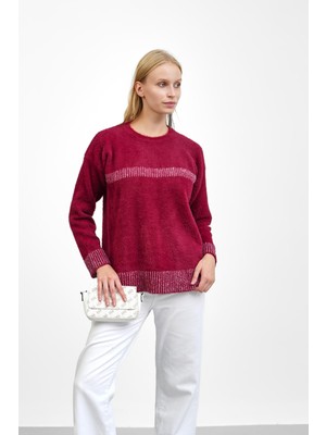 İmaj Butik Bordo Bisiklet Yaka Çizgili Angora Yumoş Triko Kazak
