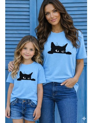 Vodexa Anne Ünisex Çocuk Kombin Oversize Tişört Twin T-Shirt Anne Cocuk Kara Kedi Baskılı Tekli