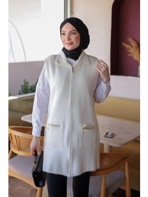 İmaj Butik Ekru Fermuarlı Angora Yumoş Triko Yelek