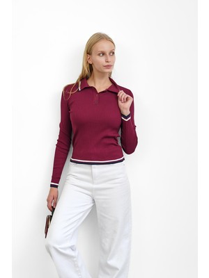 İmaj Butik Bordo Fitilli Polo Yaka Çizgili Triko Body Kazak