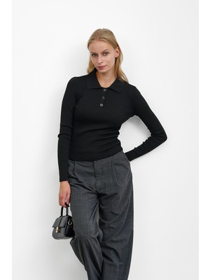 İmaj Butik Siyah Fitilli Polo Yaka Triko Body Kazak