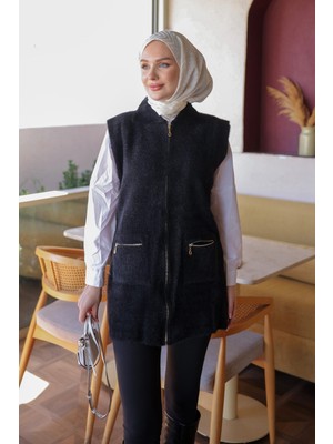 İmaj Butik Siyah Fermuarlı Angora Yumoş Triko Yelek