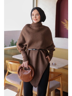 İmaj Butik Kahverengi Asimetrik Kesim Kemerli Yumuş Triko Kazak