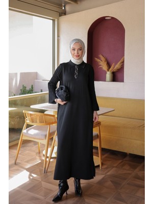 İmaj Butik Siyah Merserize Taşlı Triko Elbise
