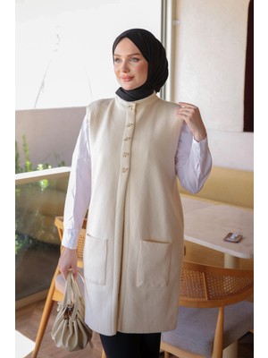 İmaj Butik Krem Fiyonk Düğmeli Keçe Yelek