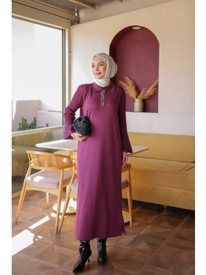 İmaj Butik Mürdüm Merserize Taşlı Triko Elbise