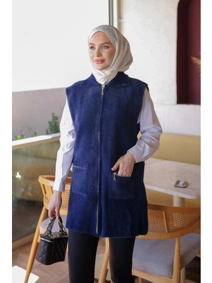 İmaj Butik Lacivert Fermuarlı Angora Yumoş Triko Yelek