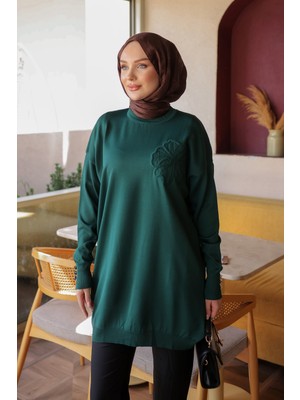 İmaj Butik Zümrüt Yeşili Çiçek Naıkşlı Soğuk Iplik Triko Tunik