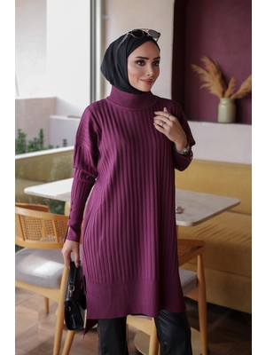 İmaj Butik Mürdüm Soğuk Iplik Kol Düğmeli Triko Tunik