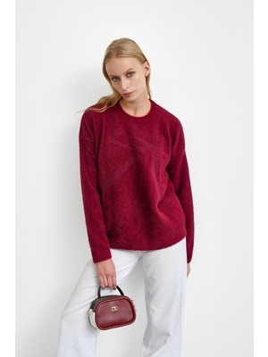 İmaj Butik Bordo Bisiklet Yaka Desenli Angora Yumoş Triko Kazak