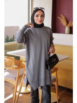 İmaj Butik Gri Kol Düğmeli Soğuk Iplik Triko Tunik