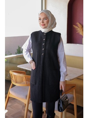 İmaj Butik Siyah Fiyonk Düğmeli Keçe Yelek