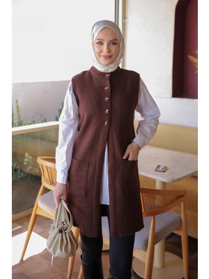 İmaj Butik Kahverengi Fiyonk Düğmeli Keçe Yelek