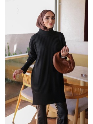 İmaj Butik Siyah Soğuk Iplik Kol Düğmeli Triko Tunik