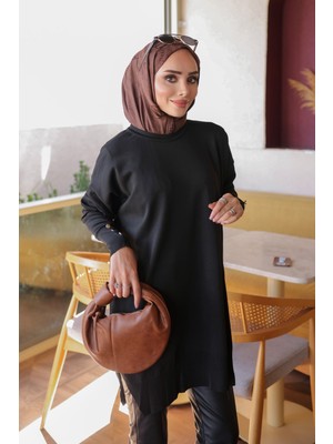 İmaj Butik Siyah Kol Düğmeli Soğuk Iplik Triko Tunik