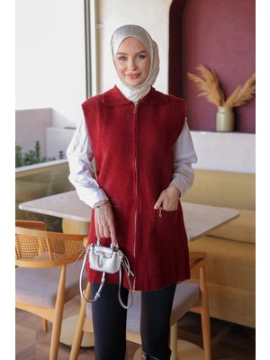 İmaj Butik Bordo Fermuarlı Angora Yumoş Triko Yelek