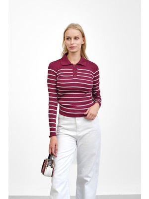 İmaj Butik Bordo Fitilli Polo Yaka Triko Body Kazak