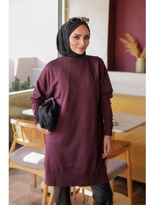 İmaj Butik Mürdüm Kol Düğmeli Soğuk Iplik Triko Tunik