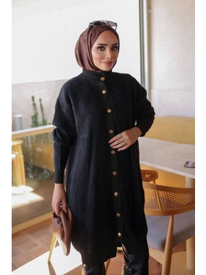 İmaj Butik Siyah Düğmeli Angora Yumoş Triko Hırka