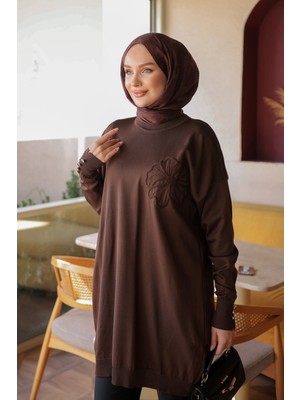 İmaj Butik Kahverengi Çiçek Naıkşlı Soğuk Iplik Triko Tunik