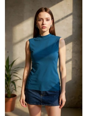 Pileli Store Kadın Mavi Kolsuz Balıkçı Yaka Basic Bluz Esnek Şık Üst Giyim