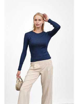 İmaj Butik Lacivert Fitilli Simit Yaka Triko Body Kazak