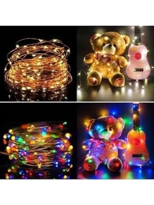 Kazan Hobi 100 Led'li 10 Metre Pilli Renkli V Sarı Peri LED Dekoratif Aydınlatma, 8 Fonksiyonlu