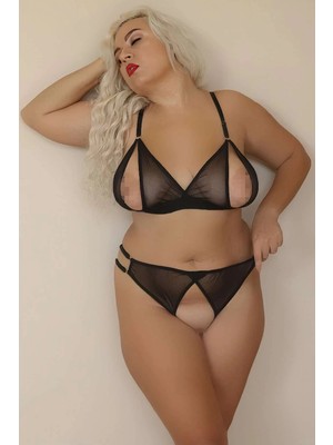 Luvecia Özel Bölgeleri Açık Büyük Beden Siyah Transparan Fantazi Sütyen Takımı TM13 - 6259-1889