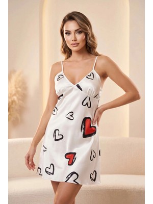 Pileli Store Ince Askılı Kalp Desenli Beyaz Saten Gecelik 1447
