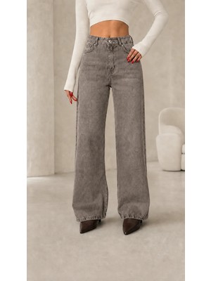 Shevega Kadın Kar Yıkama Dökümlü Yüksek Bel Bol Paça Palazzo Denim Kot Pantolon