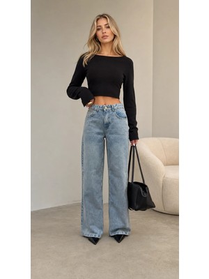 Shevega Kadın Buz Tintli Ön Işlemeli Tam Kalıp Bol Paça Denim Kot Jeans Pantolon