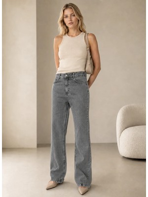 Shevega Kadın Füme Bol Paça Arka Cep Nakışlı Palazzo Denim Salaş Jeans Kot Pantolon