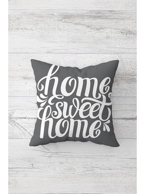 Kazan Hobi Gri Home Sweet Home Çift Taraflı Baskılı Gizli Fermuarlı Yastık Kılıfı, Gri-Beyaz 45 x 45