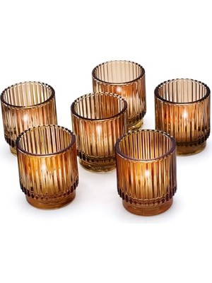 Kazan Hobi Vintage Ribanalı Amber Cam Mumluk ve Adak Mumlukları, 6'lı Set